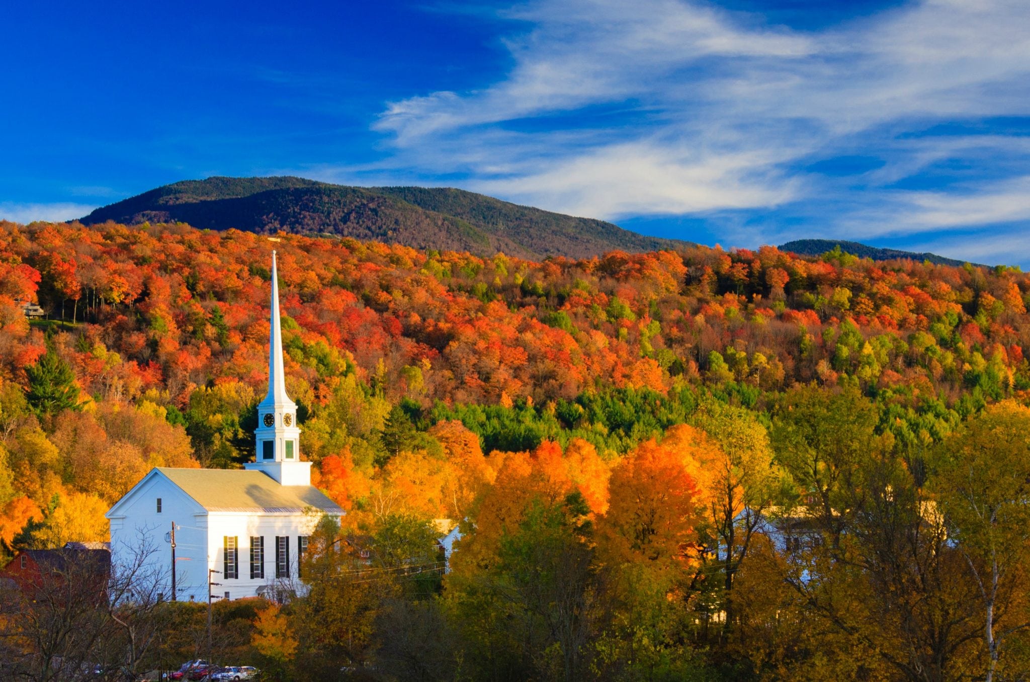 Stowe Vermont white church with fall foliage